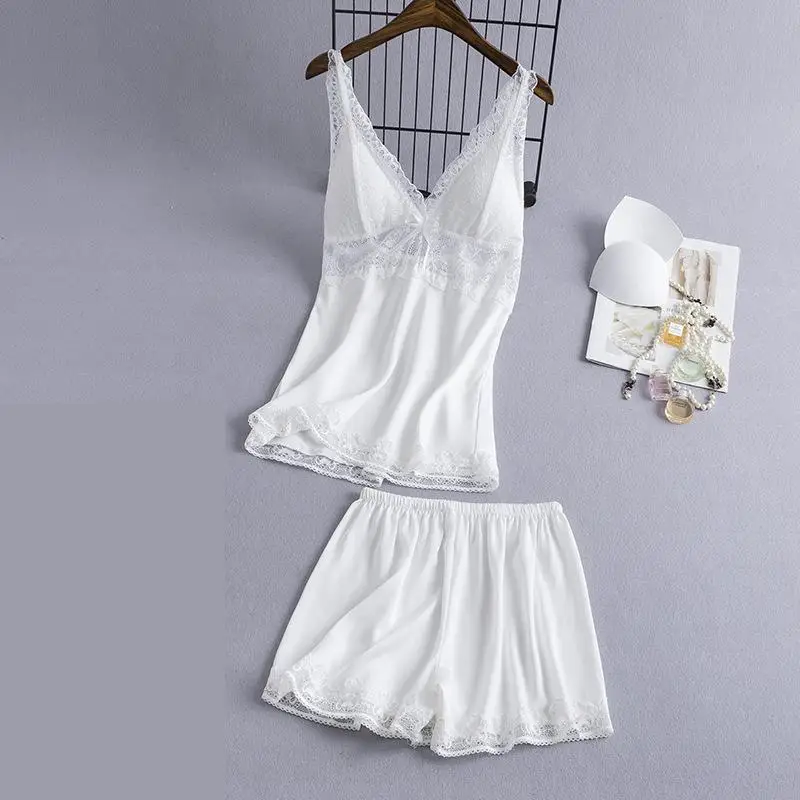 

Sexy Cami Shorts Sets Women 2Pcs Rayon Pajamas Lace Sleepwear Home Clothes Suspender Pyjamas Suit Summer Nightgown Lingerie