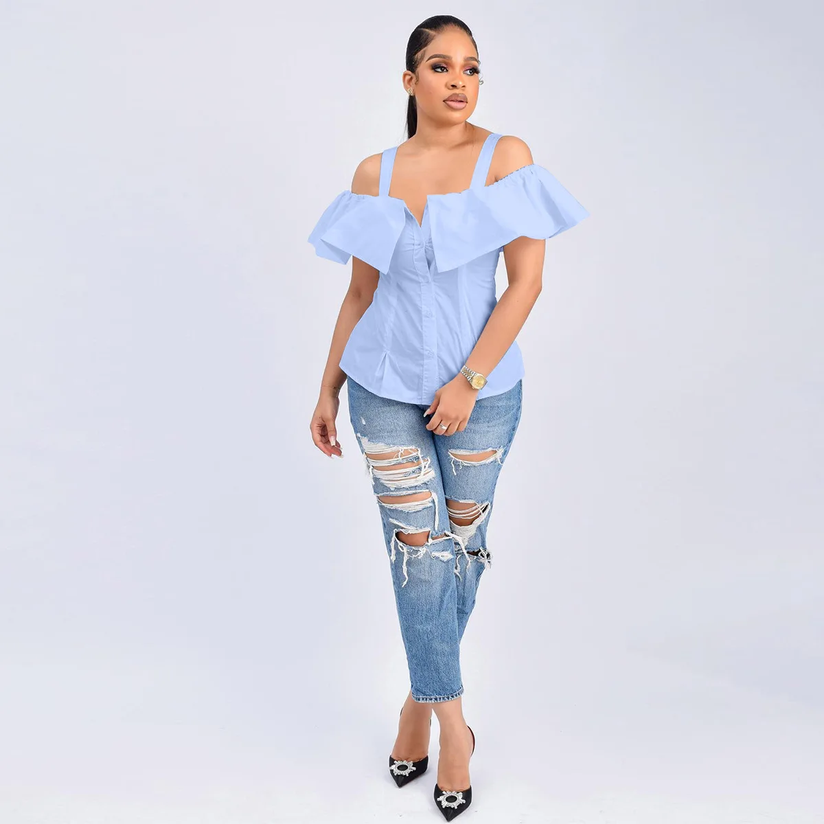 

Women Fashion One-line Collar Off Shoulder Ruffles Blouses Shirts Tops 2023 Casual Summer Spaghetti Solid Color Simple Shirts