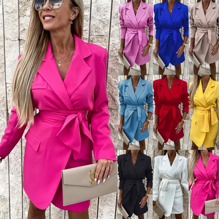 

Autumn and winter new lace-up waist dress loose candy color suit collar dress
