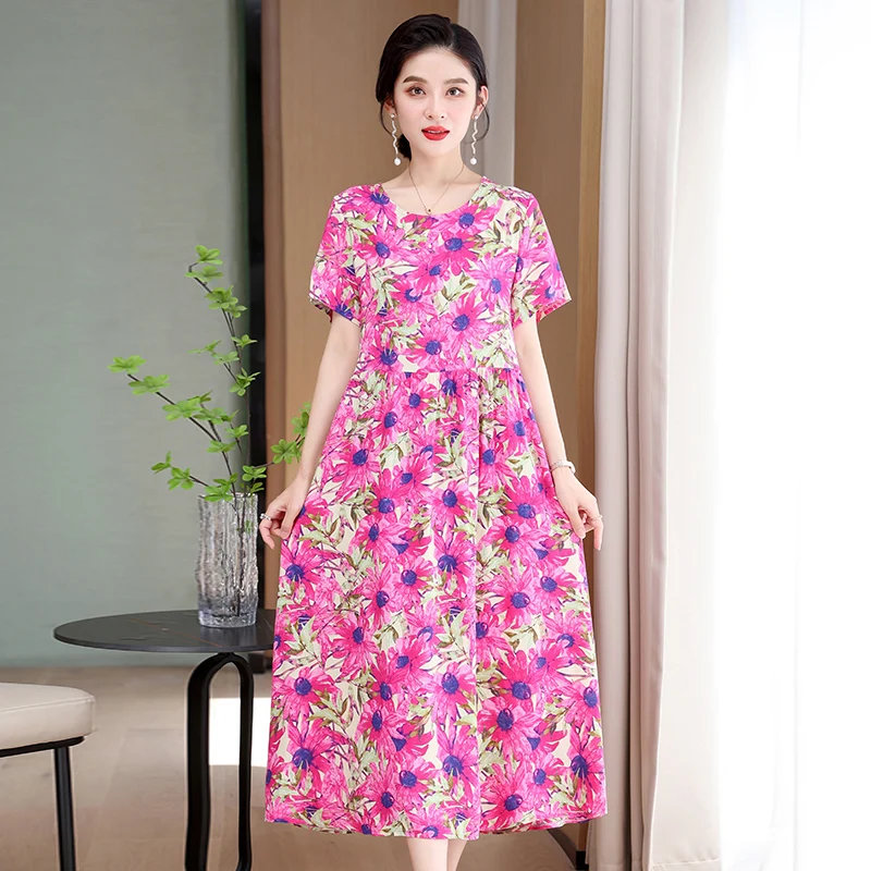 

Beardon Summer New Women's Dress Short Sleeve Casual Loose O-Neck Cotton Silk Print Mid Length Fashion Skirts