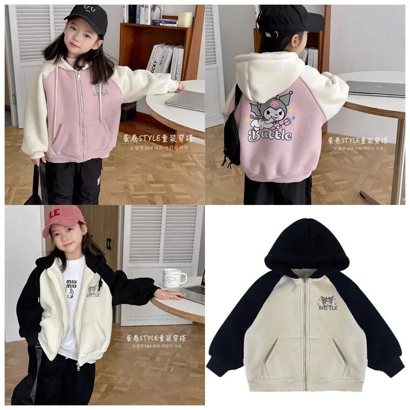 

Sanrioed Anime Cartoon Kuromi Children Casual Zippered Hooded Baseball Jacket Kawaii Thickened Warm Coat Top Kids Clothing Gift