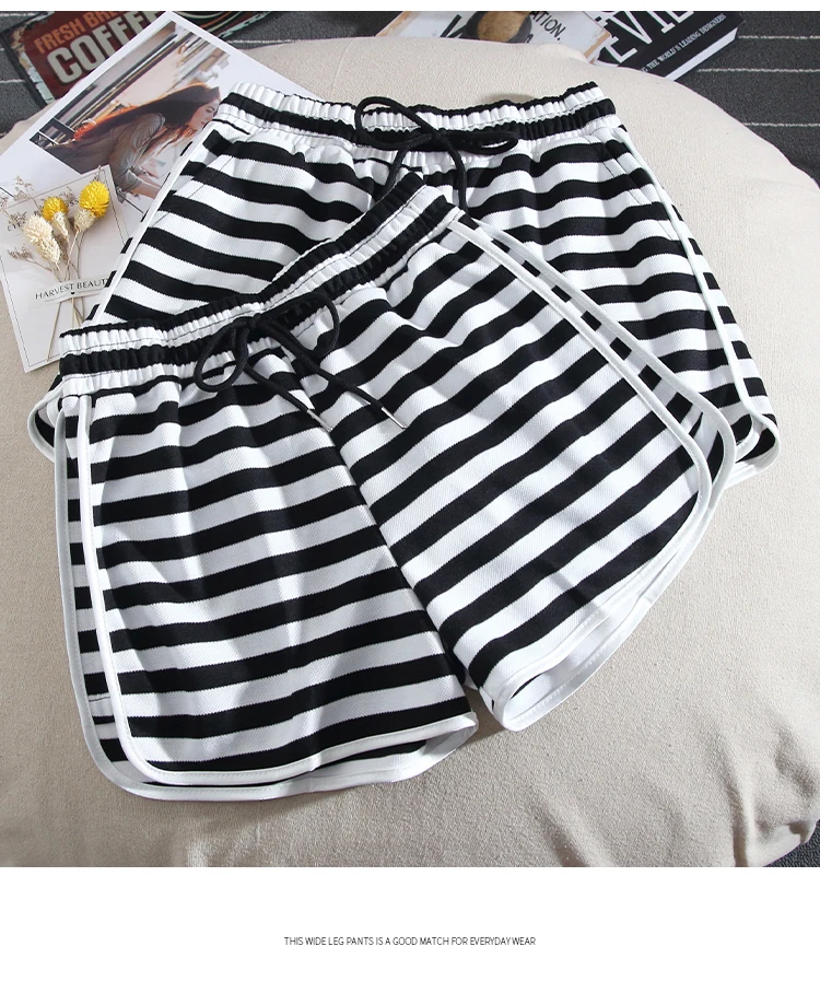 Casual Black White Striped Sports Shorts For Womens Clothing Summer Drawstring Home Shorts Yoga Loose Wide Leg Hot Pants AC362