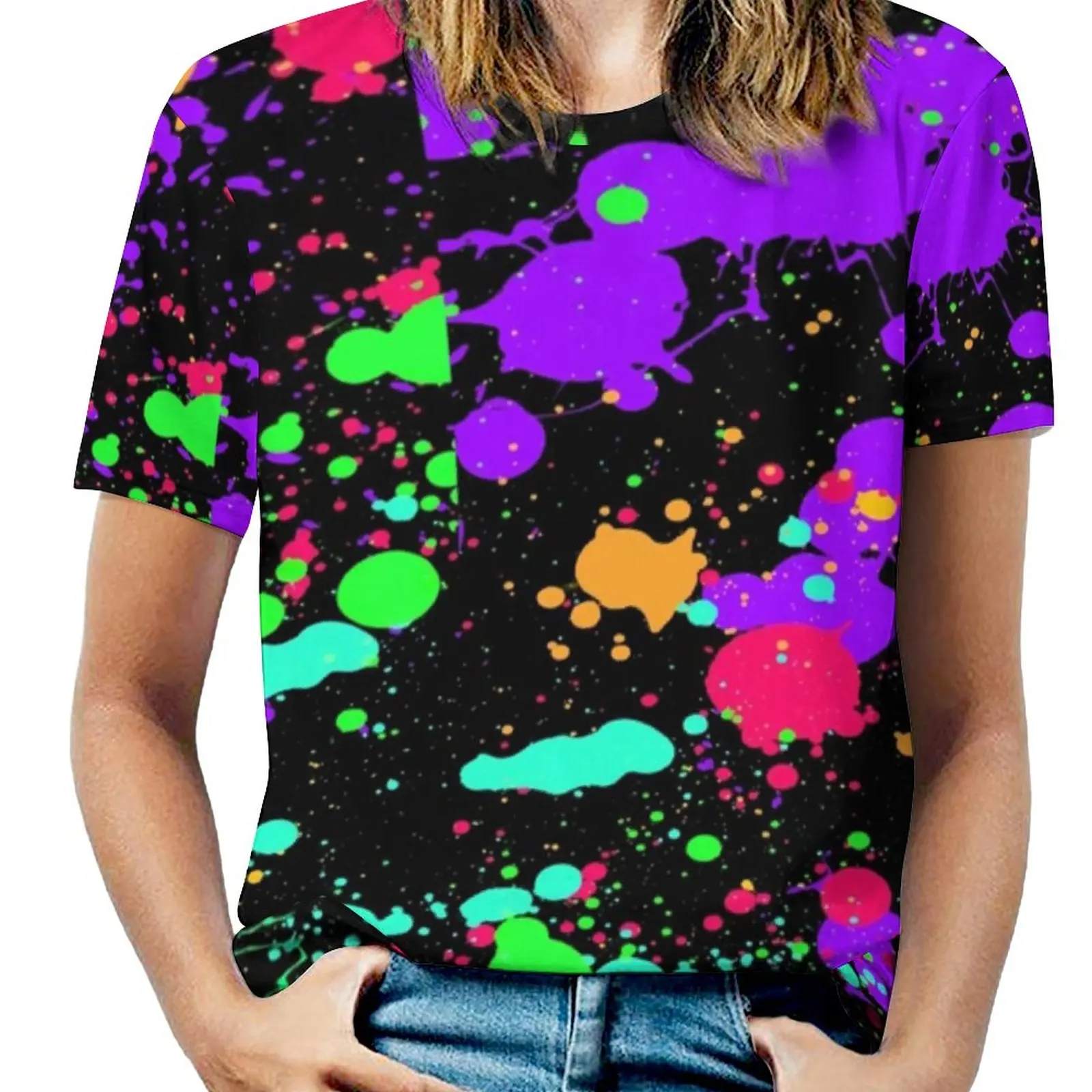 

Colorful Neon Paint T-Shirts Pretty Splatter Print Streetwear Big Size T-Shirt Women Hip Hop Tee Shirt Beach Graphic Top Tees