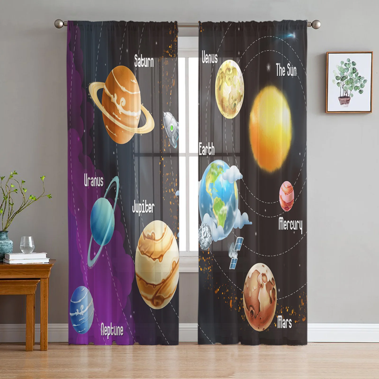 Cartoon Solar System Tulle Curtains For Living Room Bedroom Kitchen Decoration Chiffon Sheer Voile Window Curtains Custom Drape