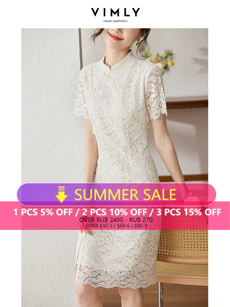 

Vimly Apricot Lace Qipao Dresses of Women 2023 Summer Chinese Style Stand Collar Short Sleeve Vintage Elegant Split Dress