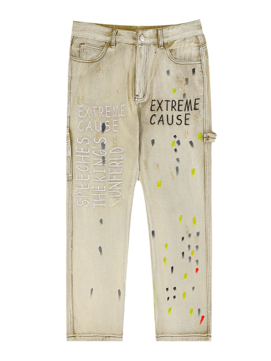 American High Street Ink Embroidery Y2k Straight Jeans Men's Trend Loose Design Small Wide Leg Trousers Streetwear Ins Hot Sale