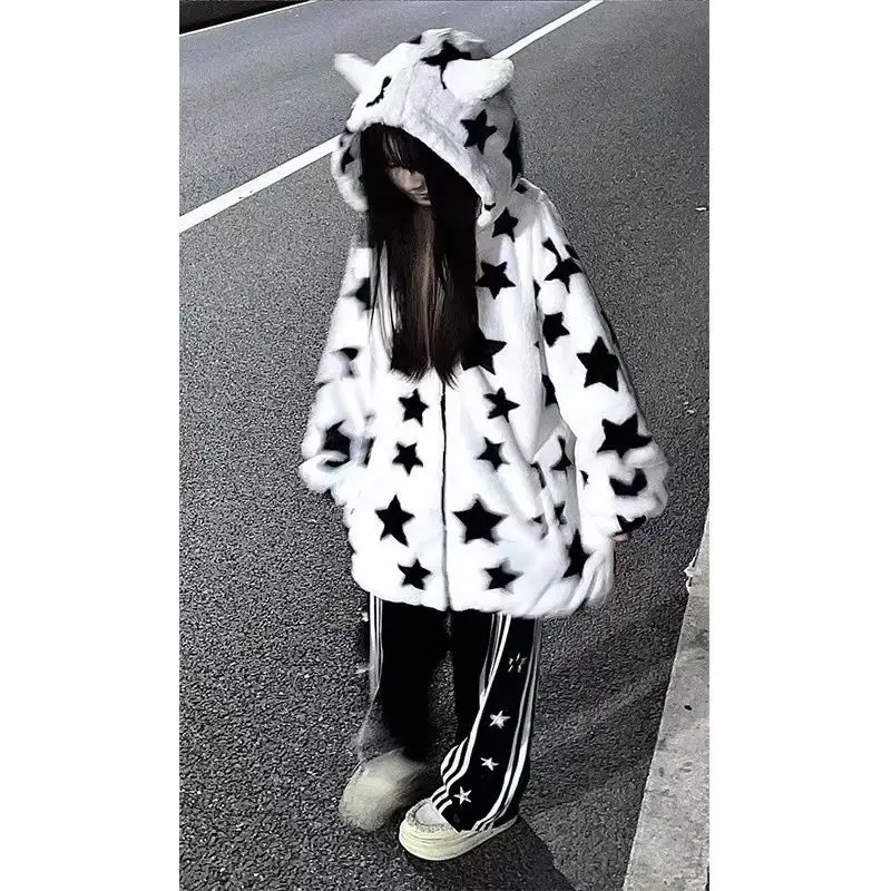 

Куртка женская в стиле Харадзюку, пальто из овечьей шерсти с принтом в виде американского демона и звезд, утепленная замшевая толстовка, одежда в готическом стиле, Y2k