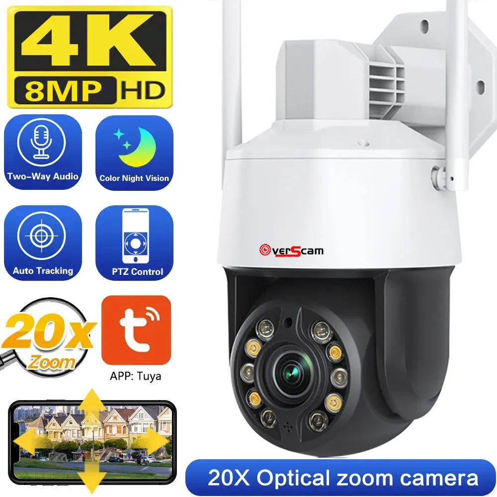 

Tuya Smart WiFi 4K 8MP 20X Optical Zoom Auto Tracking Outdoor PTZ Security Spotlight Surveillance Siren Site Patrol IP Camera