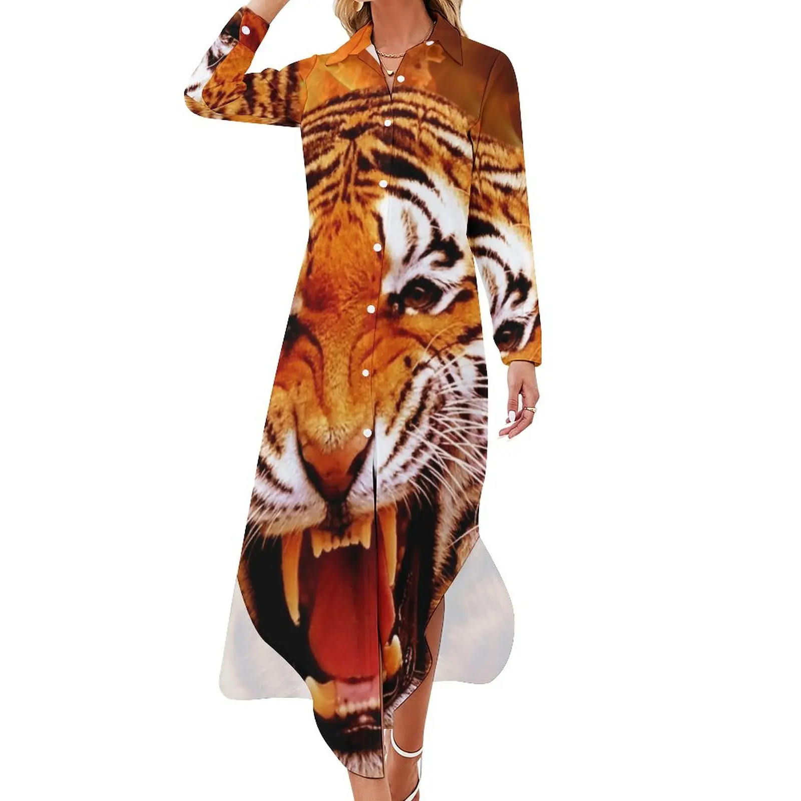 

Tiger And Flame Casual Dress Animal Print Stylish Dresses Sexy V Neck Cute Chiffon Dress Long Sleeve Vestidos Large Size