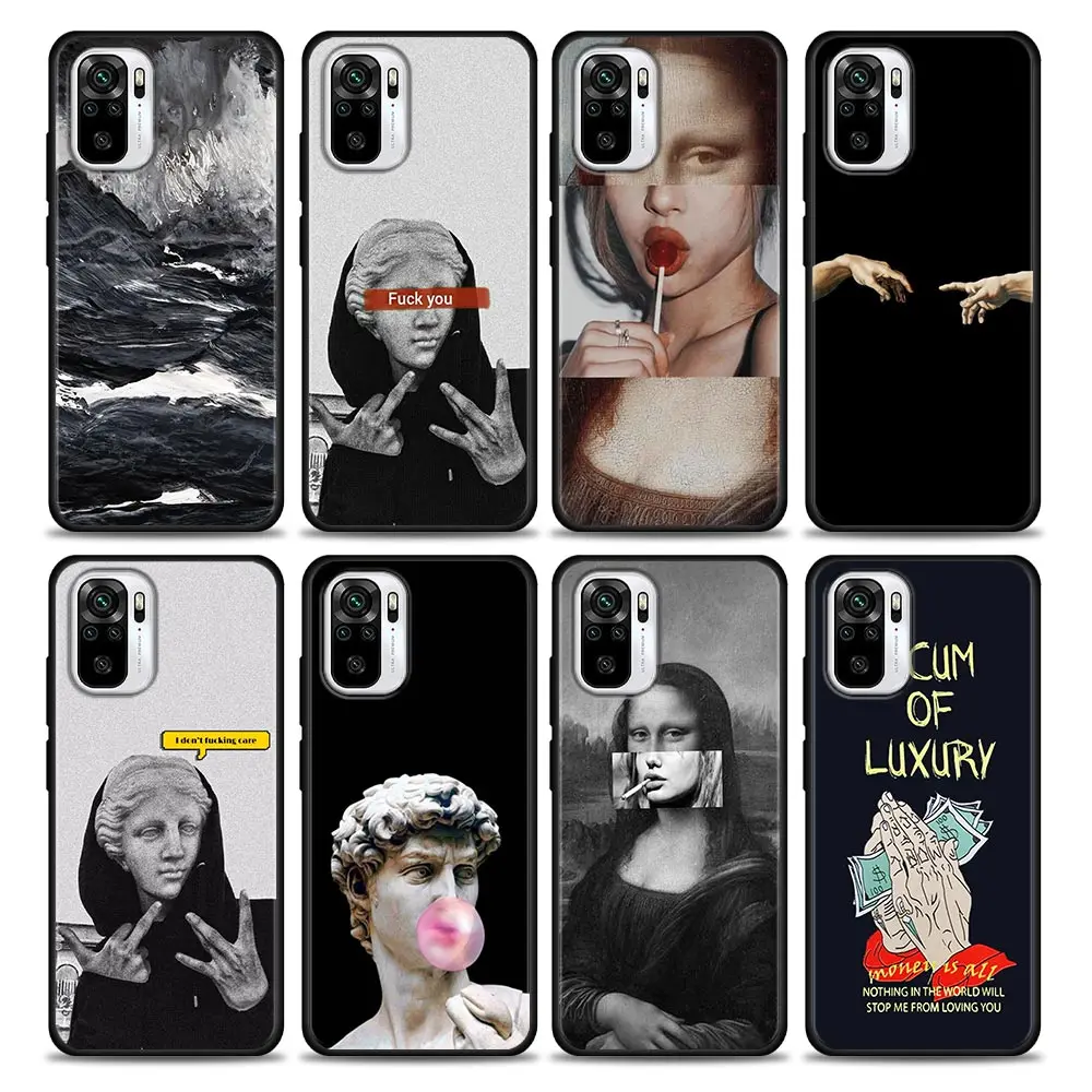 

Painting Mona Lisa David Statue Abstract Art Case For Xiaomi Redmi Note 9 9T 10 11 s 11E 8 7 Poco M3 M4 Pro 5G Black Cover Cases