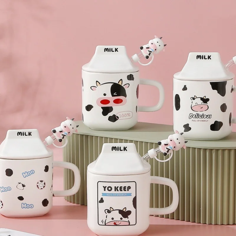 

New Arrival Cute Cow Ceramic Coffee Mug With Lid And Straw Creative Milk Coffee Cup Wonderful Gift For Girls Drinkware Wholesale