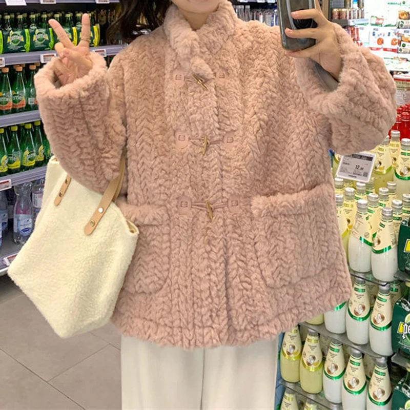 Lamb coat women's autumn winter thickened 2022 new Korean cowhorn button small cotton jacket  Cashmere  Thick （Winter)