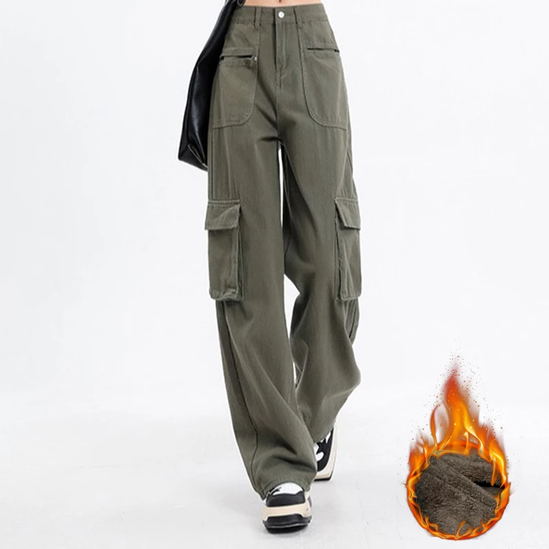 Корейские широкие джинсы-карго на бархатной подкладке с высокой талией толстые