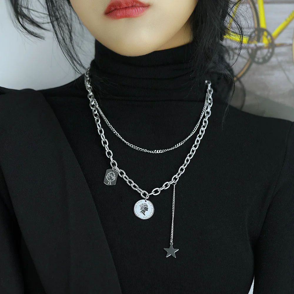 

Multi - Layer Titanium Steel Chain Queen Necklace Round Piece Personality Star Pendant Clavicle Chain Sweater Chain Female