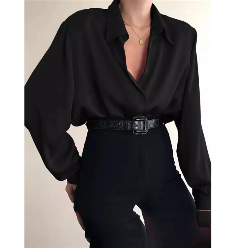 

New Fashion Autumn Women Blouse Shirt Lapel Long Sleeve Solid Black Red Ladies Blouse For Women Female Top Clothing