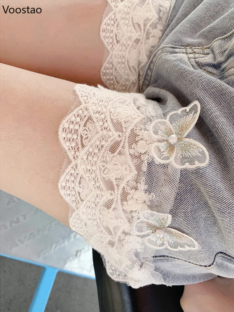 Летние милые кружевные джинсовые шорты с оборками женские корейские шикарные