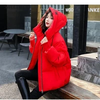 korean style 2022 winter jacket parkas women stand collar solid black white female hood coat loose oversized womens short parka