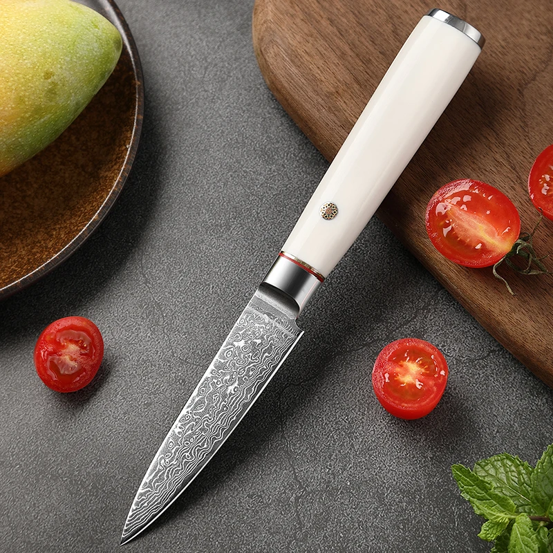 

TJ POP VG10 67 уровневый дамасский стальной Профессиональный 3,5 дюймовый нож для чистки овощей с белой ручкой ABS острые кухонные ножи шеф-повара для фруктов