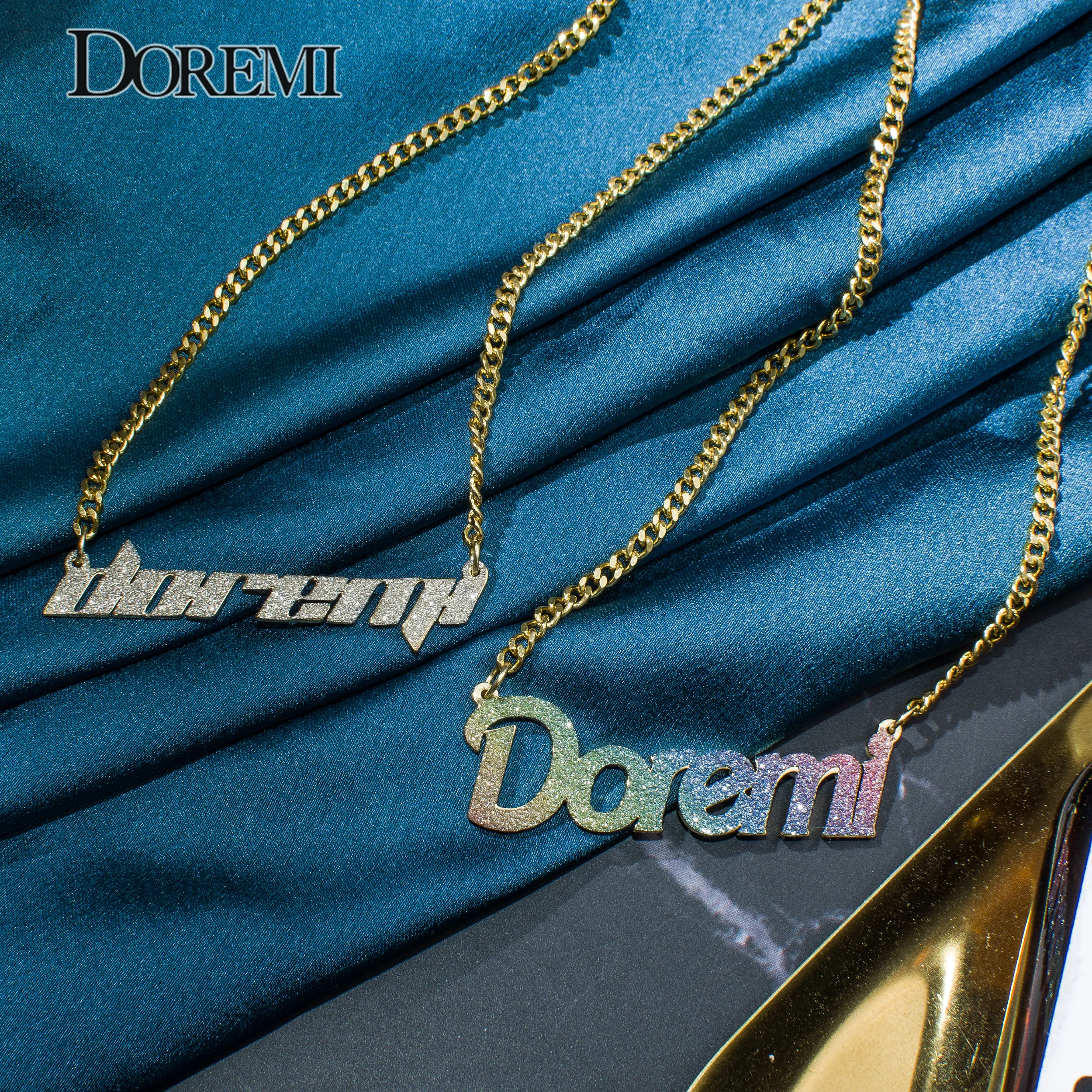 DOREMI Bling Custom Name Necklace Name Necklace Colorful Sticker Pendant Stainless Cuban Chain Choker Personalized Jewelry Gift