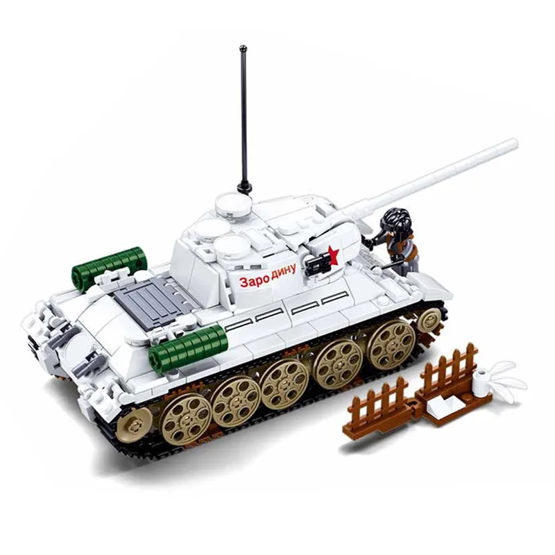 Military WW 2 II Battle of Budapest T-34/85 Medium Tank White Army Weapon Building Blocks Kit Bricks Classic Model Toys Boy Gift