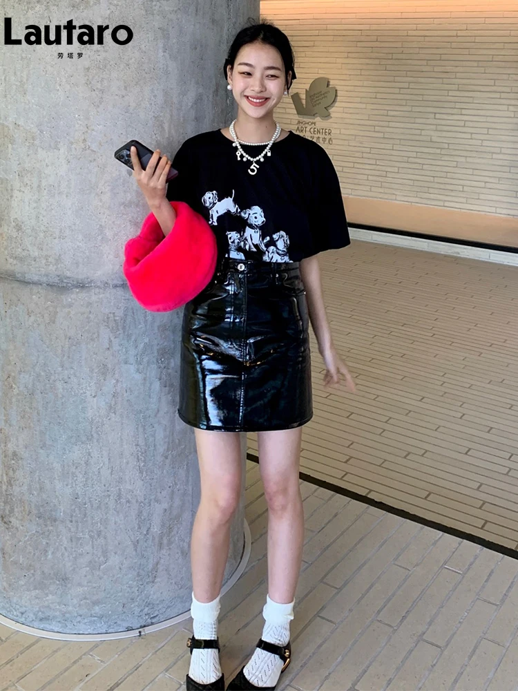 Lautaro Лето Осень Черная Светоотражающая Блестящая Юбка Из Лакированной Кожи