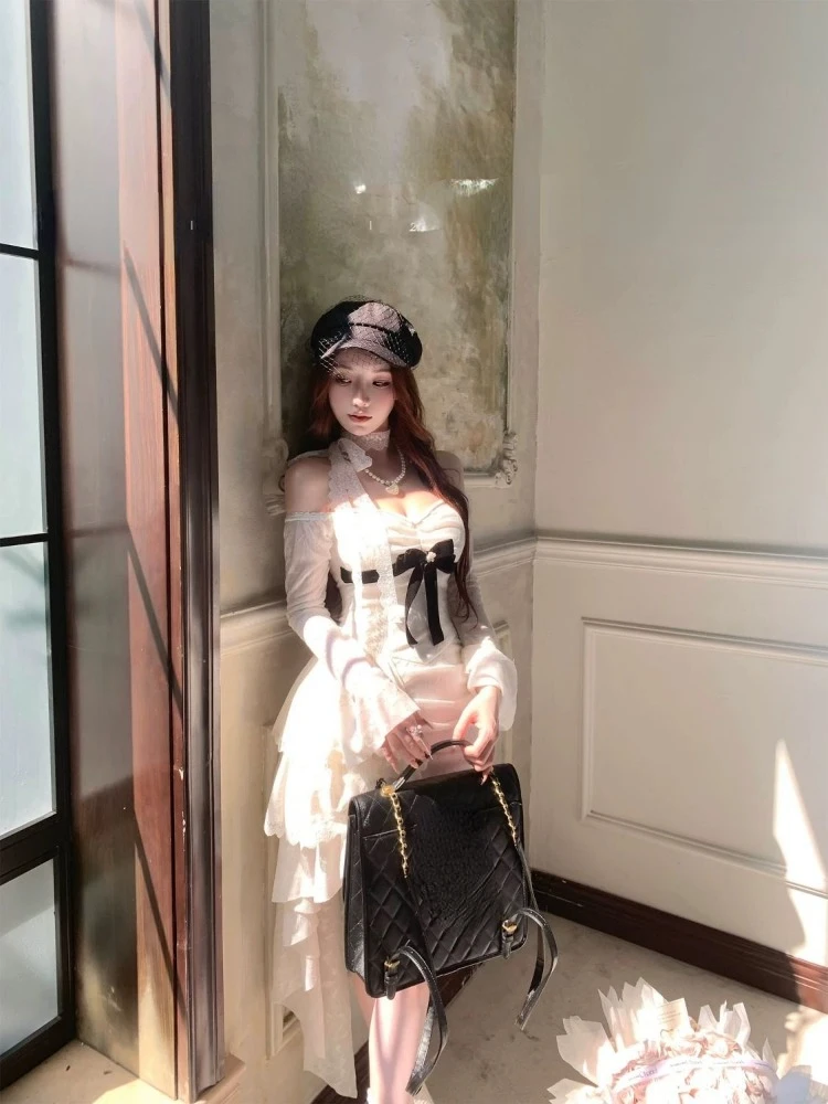 Женское облегающее платье с длинным рукавом Привлекательное бантом открытыми