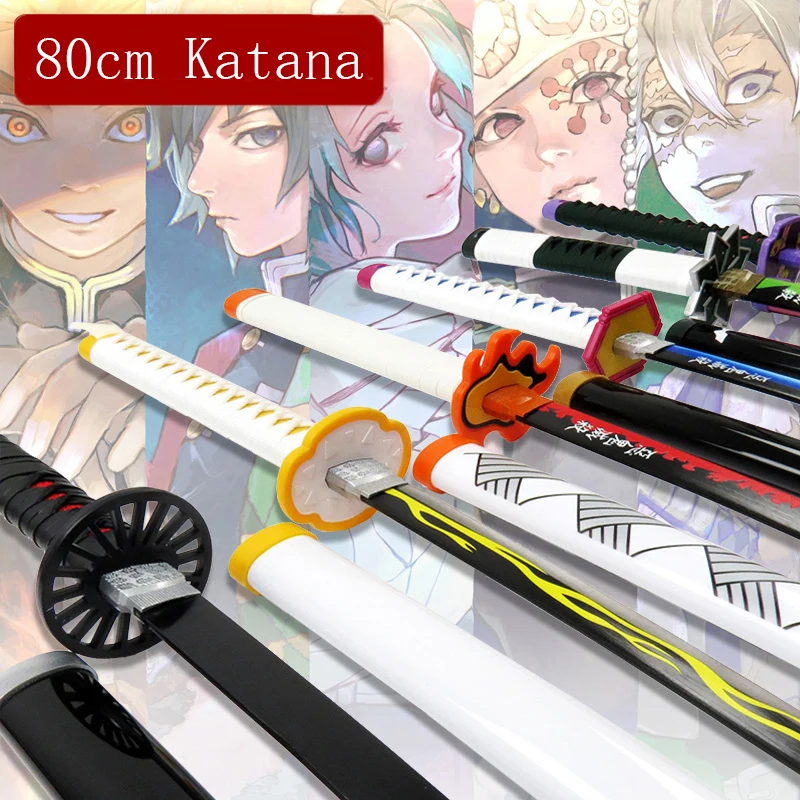 80cm Demon Slayer Katana Sword Wooden Anime Blade Sunwheel Knife Tanjirou Katana Weapon Model Ninja Cosplay Prop Kids Toy Gift