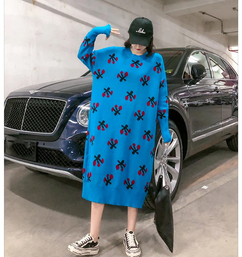 

2023 Autumn Knit Dress for Women New Korean Loose Pullover Round Neck Cherry Embroidery Sweater Long Oversized Dresses Vestidos