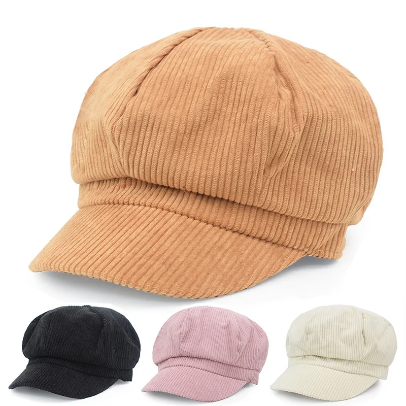 

Solid Color Corduroy Sun Protection Women Peaked Cap Spring Autumn Shade Korean Version Beret Painter'S Hat