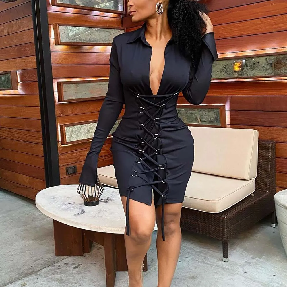 

Черное сексуальное платье со шнуровкой и вырезом, облегающее однотонное платье с длинными рукавами, юбка, весна-осень 2022, новая модная одежд...