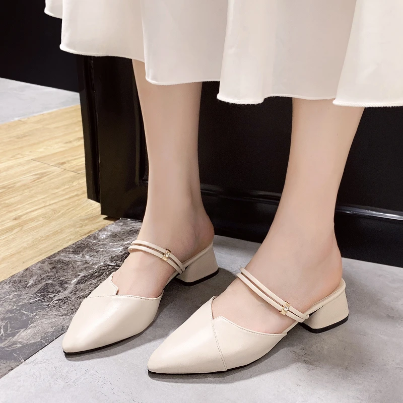 

2023 Fashion Women's Shoes Mules Women's Slippers Elegant Mature Casual Slippers Women Solid Pointed Toe Closed Toe Shoes Female