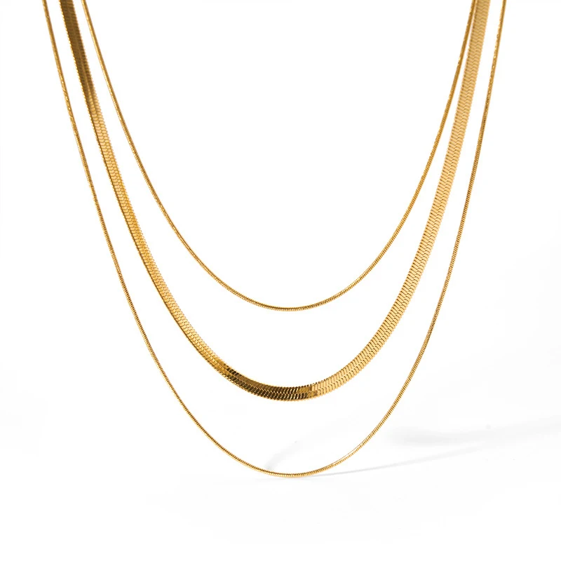 

18K Gold Plated Stainless Steel Snake Herringbone Chain Layering Necklace for Women Waterproof Dainty Layered Chains Collars