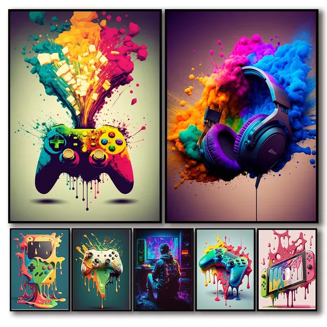 80s 90s Colorful Neon Gamer Controller Canvas Poster Fantasy Earphones Esports Gaming Wall Art Painting For Kawaii Room Decor 1