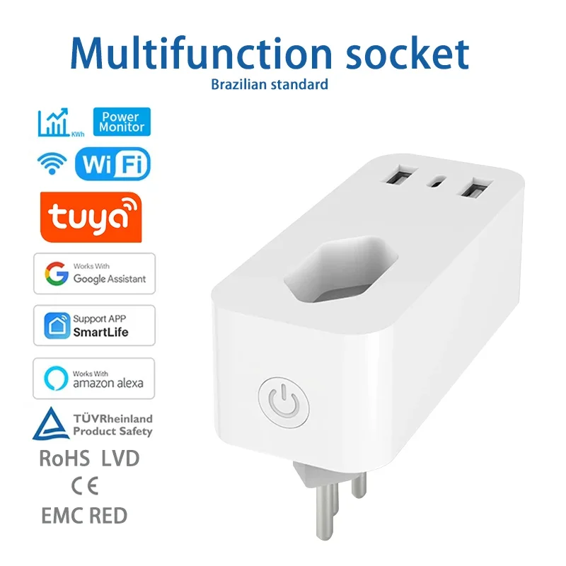 

Brazilian Standard Voice-Controlled Smart Socket with Type-C USB, Metering, and Mobile App Remote Control With Alexa Google Home