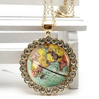 2020 new fashion world map crystal pendant glass cabochon necklace men and women necklace gift