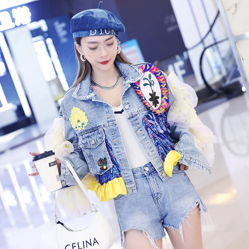 

Women Streetwear Patch Denim Bomber Jacket Female Personality Short Diamonds Jacket Tassel Jean Coat Jaqueta Feminina 2022 New