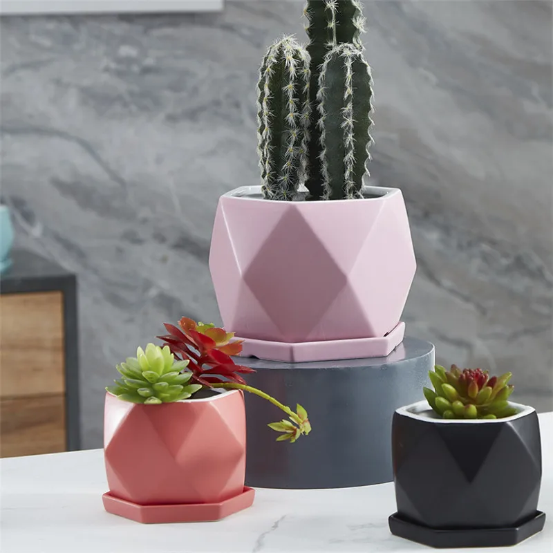 

Office Desktop Potted Matte Color Glaze Succulents Plants Pot with Tray Ceramic Flower Pot Nordic Simple Home Decor Bonsai