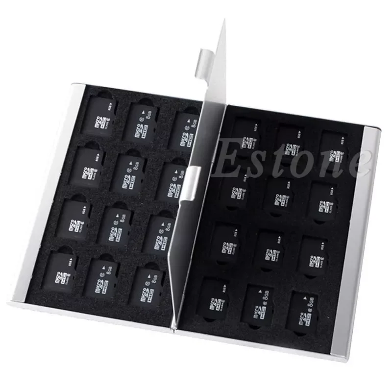 

Silver Aluminum Memory Card Storage Case Box Holder For 24 TF Micro SD Cards