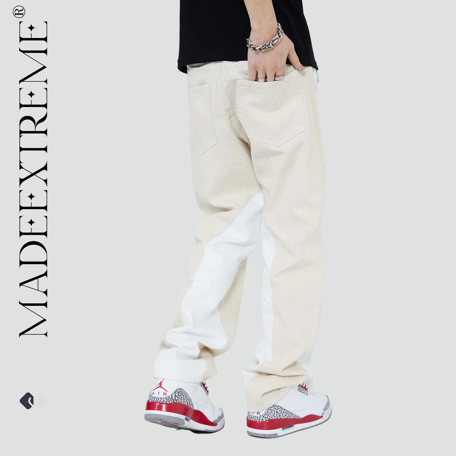 MADE EXTREME Patchwork leather PU jeans high street men designer jeans baggy jeans denim jeans for men y2k jeans men