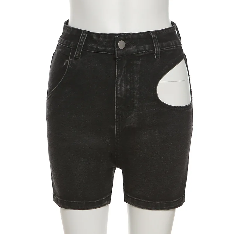 Black High Waist Straight Tube Hollow Bag Hip Denim Shorts Female Slim Fit Women Casual Streetwear Denim Shorts Female Fashion