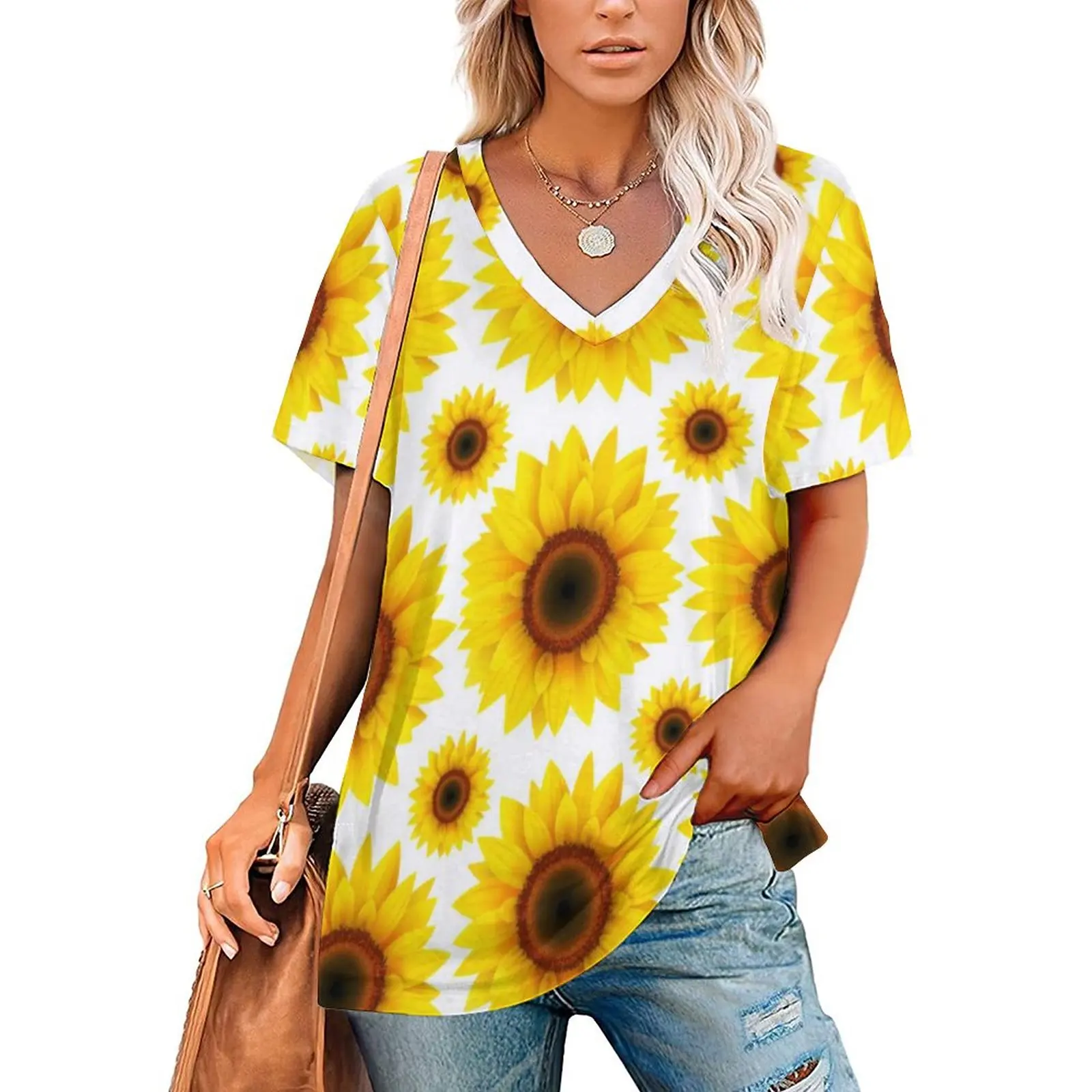 

Cheerful Sunflower T-Shirts Yellow Sunflowers Print V Neck Korean Fashion Oversized T-Shirt Short Sleeve Women Elegant Tee Shirt