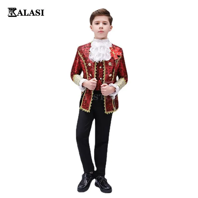 

Детские костюмы на Хэллоуин в стиле панк, костюм короля принца, Ренессанса, средневекового мальчика, готический косплей, костюм для вечеринки, пальто + брюки + галстук, полный комплект