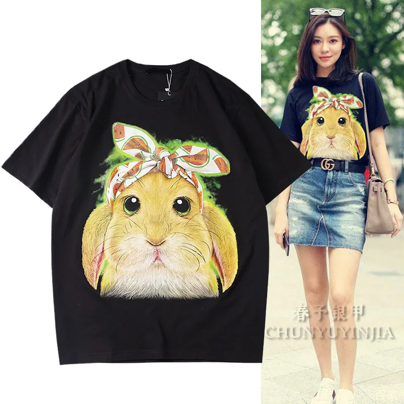 

Модная уличная одежда Chun yu yin jia, дизайнерская футболка с коротким рукавом и принтом кролика, черная, белая футболка для женщин и мужчин