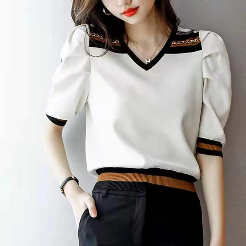 

Camisetas 2023 летняя футболка женская футболка контрастных цветов женский трикотажный топ с V-образным вырезом корейские модные футболки с коротким рукавом для женщин