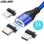 Магнитный кабель USLION Micro USB, для iPhone, Samsung, Xiaomi, Huawei, 3 А