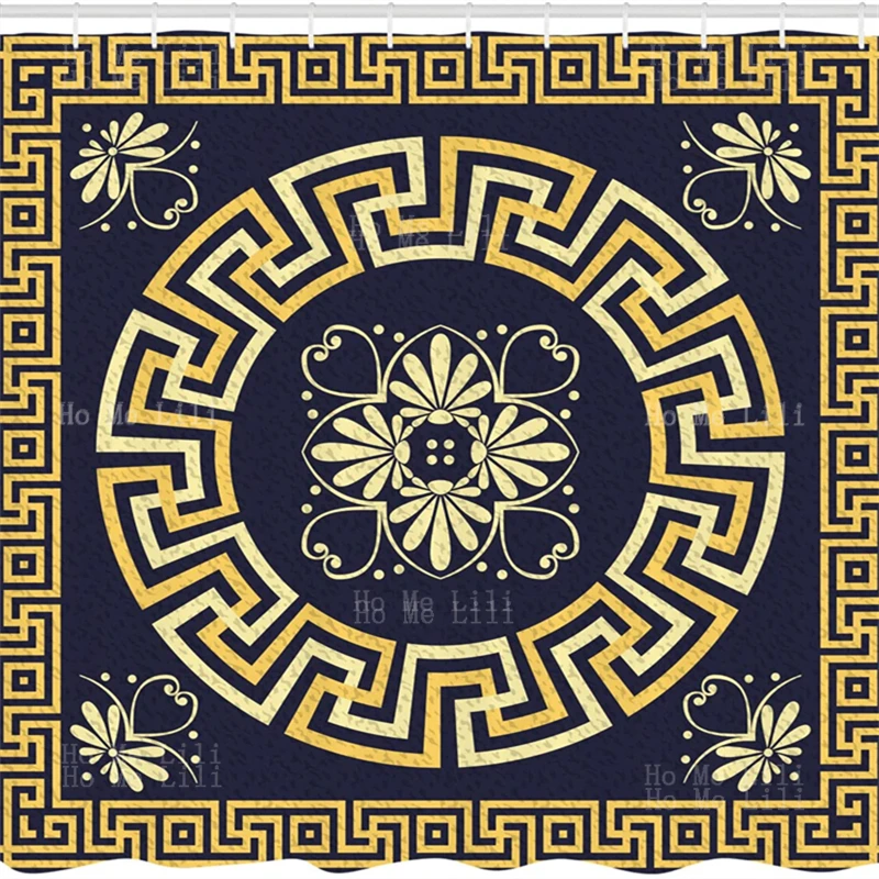 Greek Themed Shower Curtain Meander Spring Inspired Floral Detail Rich And Retro Entangled Maze Cloth Fabric Bathroom Decor