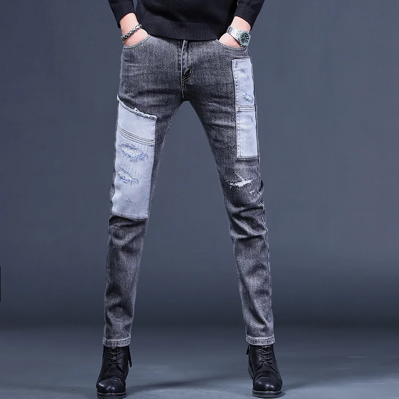 Fashion Patchwork Ripped Jeans Men Autumn Slim Fit Straight Pants Korean Style Streetwear Black Gray Denim Trousers CP2007