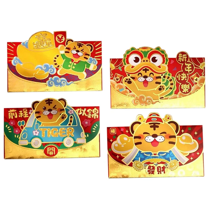 

4Pcs 2022 New Year Red Envelope Cute Tiger Pattern New Year Red Envelopes Good Luck Red Packet