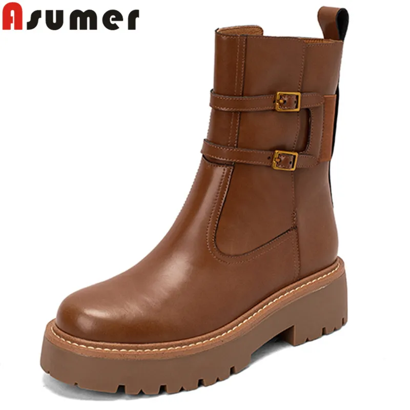 

Женские ботильоны на платформе ASUMER, из натуральной кожи, на толстом среднем каблуке, осень 2023