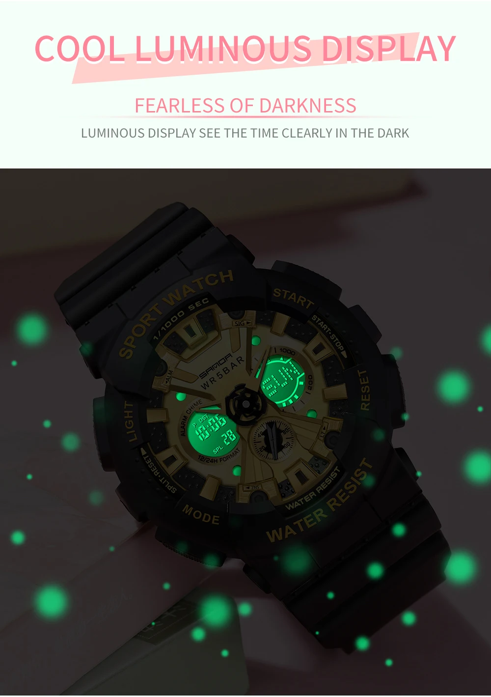 SANDA Multifunctional Electronic Womenes Watch 50M Waterproof Dual Display Luminous LED Digital Watch Fashion Women Clock 6068